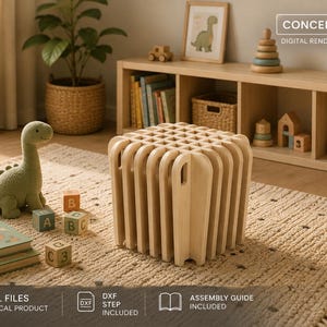 May include: A light-colored wooden stool with a grid-patterned top and vertical slatted sides. The image includes text stating CONCEPT RENDER, DIGITAL RENDER - NOT A PHOTO, DIGITAL FILES, NO PHYSICAL PRODUCT, DXF STEP INCLUDED, and ASSEMBLY GUIDE INCLUDED.