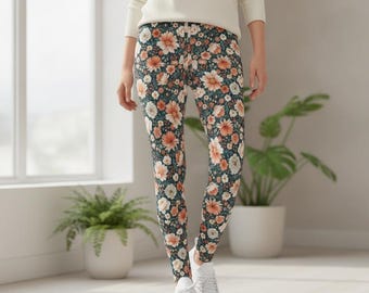 Leggings color pesca corallo con stampa floreale / Fantasia floreale su tutta la superficie