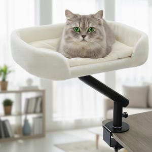 May include: A grey cat with green eyes resting on a rectangular, cream-colored plush pet bed. The bed is attached to a black metal support arm that features a clamp mechanism, allowing it to be secured to the edge of a flat table surface.