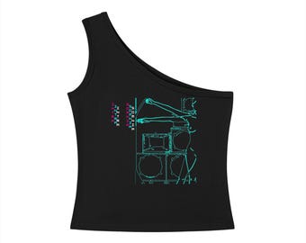 Puede incluir: Una camiseta de tirantes negra de un solo hombro con un estampado gráfico en cian y magenta. El diseño muestra una ilustración de líneas de una persona alcanzando altavoces apilados, junto al texto vertical "INTRA" y "SOEZHE".