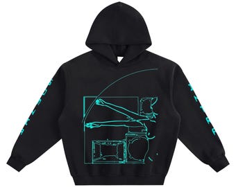 Puede incluir: Una sudadera con capucha negra que presenta un gráfico de líneas cian en la parte delantera que representa una figura alcanzando un arco. Las mangas muestran texto cian vertical y la capucha está unida al cuerpo principal.