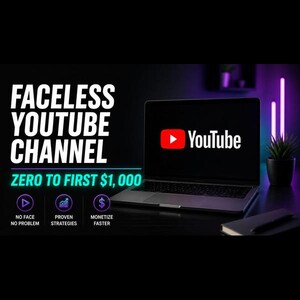 May include: A laptop displaying the YouTube logo on its screen, set against a dark background with the text "FACELESS YOUTUBE CHANNEL" and "ZERO TO FIRST $1,000" in white and cyan, alongside icons for no face, proven strategies, and monetization.