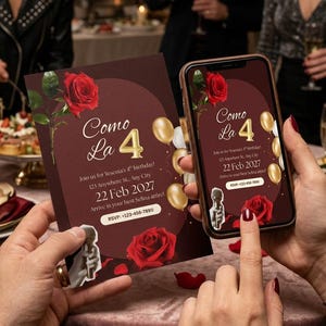 May include: A printed birthday invitation and a smartphone displaying the same digital invitation. Both feature a dark red background, a red rose, gold balloons, and the text: Como La 4, Join us for Yesenia's 4th birthday, 22 Feb 2027.