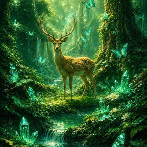 May include: A majestic deer with large antlers stands in a lush, green forest clearing. The scene features a small flowing stream, numerous glowing teal butterflies, and clusters of sharp, crystalline structures emerging from the mossy ground.