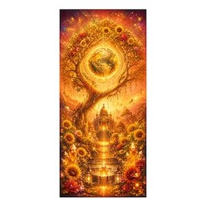 May include: A vertical digital illustration featuring a glowing golden planet suspended within the branches of a large tree. Below, a stone temple sits at the end of a path lined with sunflowers, red roses, and crystals, all bathed in warm light.