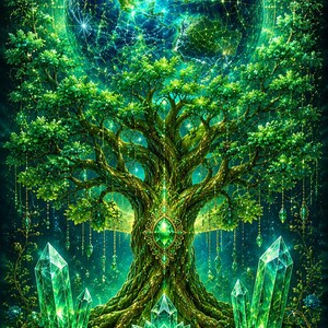 May include: A digital illustration featuring a central tree with green leaves and a glowing emerald gem at its trunk, positioned beneath a luminous Earth globe. The scene includes large green crystals, a lotus flower, and blue roses.