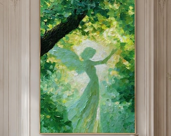 Dancing Angel Painting, Green Nymph Canvas Art, Thick Impasto Woodland Goddess