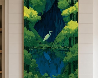Heron Oil Painting, Forest Landscape Art, Green Tree Canvas Wall Decor