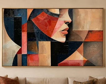 Abstract Geometric Face Oil Painting, Cubist Portrait Canvas Art, Modern Wall Decor