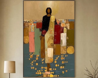Modern Jesus Oil Painting, Gold Leaf Messiah Canvas, Abstract Religious Savior Portrait