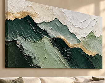 Mountain Ridge Oil Painting, Textured Wall Art, Sage Forest Green, Japandi Living Room Decor