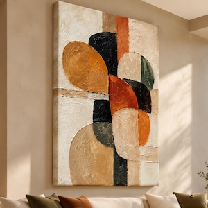 Collage géométrique de cercles, peinture à l'huile, art mural texturé, rouille, moutarde, sauge, entrée moderne