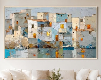 Abstract Seascape Oil Painting, Textured Coastal House Canvas, Blue Landscape Wall Art