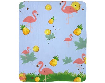 Coperta in pile con motivo fenicottero e ananas / Stampa di uccelli tropicali
