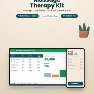 May include: A digital Massage Therapy Kit by Mainstreet Ops Co. featuring a 10-tab money workbook, Google Sheets and Excel compatibility, and 30+ editable files. The display shows a spreadsheet with service costs, profit margins, and a price list.