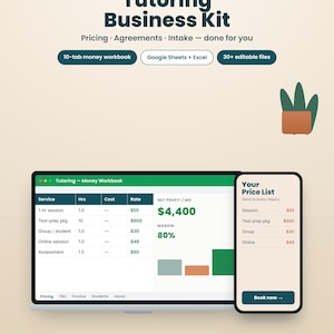 May include: A digital tutoring business kit featuring a laptop and smartphone displaying a money workbook and price list. Text includes Mainstreet Ops Co. Tutoring Business Kit, 10-tab money workbook, Google Sheets + Excel, 30+ editable files, and service rates.