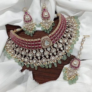 Kundan Bridal Jewelry Set, Ruby Emerald Polki Choker, Indian Wedding Necklace, Maang Tikka Earrings