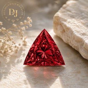 Puede incluir: Una gema de color rojo vibrante tallada en forma triangular con una superficie facetada que refleja la luz. La piedra presenta un tono carmesí intenso y un diseño geométrico simétrico, mostrando bordes afilados y un acabado pulido brillante.