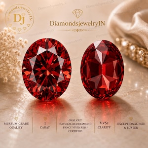 May include: Two oval-cut red diamonds with faceted surfaces. Text on the image includes DiamondsjewelryIN, Museum-Grade Quality, 1 Carat, Oval Cut Natural Red Diamond Fancy Vivid Red Certified, VVS1 Clarity, and Exceptional Fire & Luster.