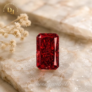 May include: A vibrant, deep red gemstone with a rectangular radiant cut, featuring sharp, clean facets that reflect light. The stone displays a rich, saturated crimson hue throughout its structure, showcasing a clear, polished surface and geometric edges.