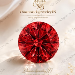 Könnte beinhalten: Ein runder, im Brillantschliff gehaltener, leuchtend roter Edelstein mit komplexen Facetten, die das Licht reflektieren. Über dem Stein befindet sich das Logo DiamondsjewelryIN mit dem Text Shine Beyond Forever. Darunter steht der Text DiamondsjewelryIN Shine Beyond Forever.