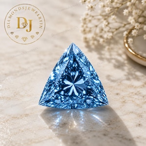 May include: A trillion-cut blue gemstone with a faceted surface that reflects light in a starburst pattern. The stone features a triangular shape with sharp corners and a vibrant, saturated blue hue. A circular logo with the text DIAMONDSJEWELRYIN is visible.
