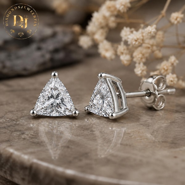 14K White Gold Certified Triangle Cut Diamond Stud Earrings | Trillion Diamond Studs | Bridal Wedding Jewelry | Fine Jewelry Gift for Ladies