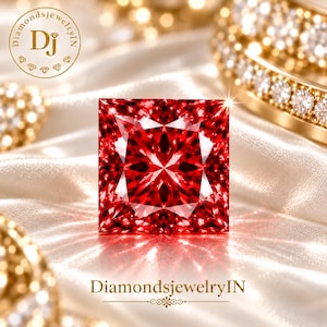 May include: A square-cut vibrant red gemstone with a faceted surface that reflects light. The text DiamondsjewelryIN is visible at the bottom, and a circular logo with the letters Dj and the text DiamondsjewelryIN is in the top left corner.