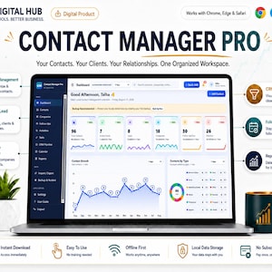 May include: A laptop displaying the Contact Manager Pro dashboard with data charts, contact growth graphs, and navigation menus. The screen shows the text Contact Manager Pro, Your Contacts. Your Clients. Your Relationships. One Organized Workspace.