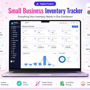 Könnte beinhalten: Ein digitales Inventar-Tracking-Dashboard für kleine Unternehmen auf einem Laptop-Bildschirm. Die Benutzeroberfläche zeigt eine Geschäftsübersicht, ein Liniendiagramm zur Verkaufsaktivität, ein Kreisdiagramm zum Lagerbestand und eine Navigationsleiste.