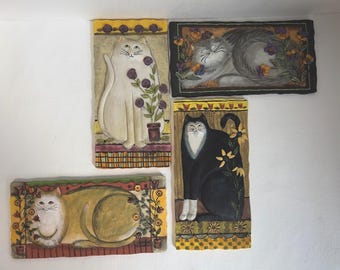 4 E Smithson 3D Cat Wall Hanging Resin Art Snow Rose Buttercup Pansy Daisy Lot
