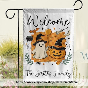 Personalisierte Halloween-Gartenflagge, Halloween-Außendekoration, Kürbis-Herbstdeko für den Garten, Willkommensflagge für das Spukhaus, Gruselige Familiendeko