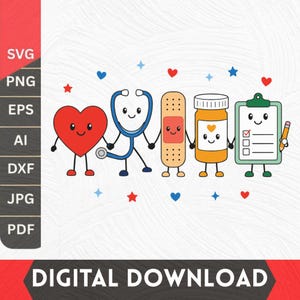 May include: A digital illustration featuring five anthropomorphic medical characters holding hands: a red heart, a blue stethoscope, a tan adhesive bandage, an orange pill bottle, and a green clipboard with a pencil, accented by small stars and hearts.