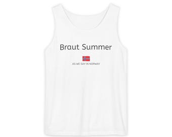 Regata Braut Summer | Camiseta com frase norueguesa, estampa minimalista da bandeira