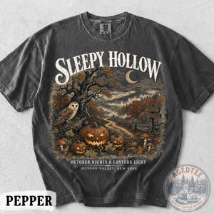 May include: A charcoal grey short-sleeve t-shirt featuring a graphic of a nighttime forest scene with an owl, carved jack-o'-lanterns, and a crescent moon. The text reads SLEEPY HOLLOW, OCTOBER NIGHTS & LANTERN LIGHT, and HUDSON VALLEY, NEW YORK.