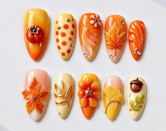 Unghie finte, unghie finte, unghie finte lucide color mandorla, set di 30 pezzi per nail art autunnale 3D, unghie con foglie d'acero arancioni e zucche, un regalo carino per lei