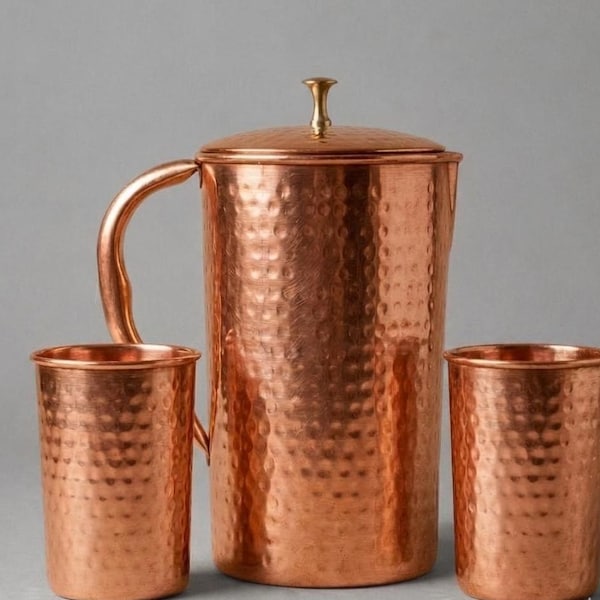 Pure Copper Water Pitcher with Lid & Cup: Brushed Indian Design | Ayurvedic| Eco Friendly