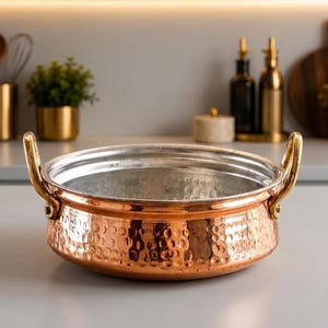 Pure Copper Cooking Pot Handi 480ml with Tin Lining – Hammered Copper Cookware, Indian Kitchenware, Ayurvedic pot, Brass Handle Serving Bowl
