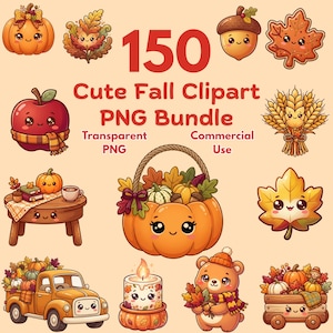 150 Kawaii Fall Clipart Bundle | Autumn Pumpkins, Leaves, Animals (Digital Download)