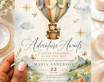 Adventure Awaits Baby Shower Invitation Template, Little Explorer Canva Invite, Hot Air Balloon Baby Shower, Editable Download