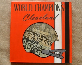 CLEVELAND BROWNS 1964 World Champions - 17x17 Mixed Media Painting w/Vintage Newspaper Articles - Limited Edition , ONE Available!!