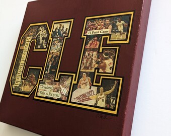 CLEVELAND CAVALIERS Varsity CLE - 12x12 Mixed Media Painting w/Vintage Newspaper Articles - Limited Edition, 1 Available!!