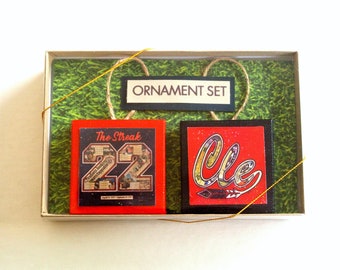 CLEVELAND INDIANS Ornament Set of 2 - The Streak 22 Game Winning Streak and CLE Script Feather