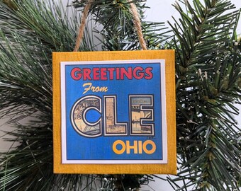 Greetings from CLE Ohio - Cleveland Vintage Postcards Mini Canvas Ornament