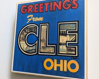 Greetings from CLE Ohio - Cleveland Vintage Postcards - 8x8 Handmade Wood Print