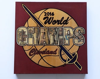 CLEVELAND CAVS CHAMPIONSHIP 2016 - 17"x17" Original Mixed Media Painting - One Available - Made with Actual Newspaper Articles! Unique!!