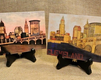 CLEVELAND OHIO SKYLINE - 5x7 Handmade Wood Print W/Stand