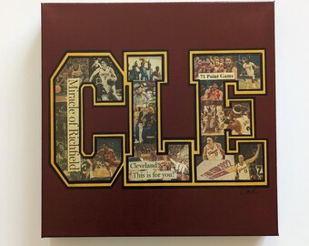 CLEVELAND CAVALIERS Varsity CLE - 12x12 Mixed Media Painting w/Vintage Newspaper Articles - Limited Edition, 1 Available!!