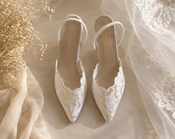 Romantic White Lace Bridal Shoes, Pointed Toe Wedding Heels