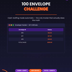 Puede incluir: Una interfaz digital de seguimiento del reto de los 100 sobres con fondo oscuro, texto naranja y una ventana de hoja de cálculo llamada Envelope Tracker - GF-CH01.xlsx. Muestra los sobres 16 al 18, importes y un total de 120,00 $.